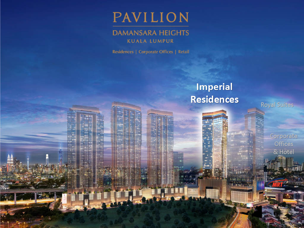 Architectural rendering of Pavilion Damansara Heights at dusk, highlighting Imperial Residences, Royal Suites and Corporate Offices & Hotel with MRT connectivity