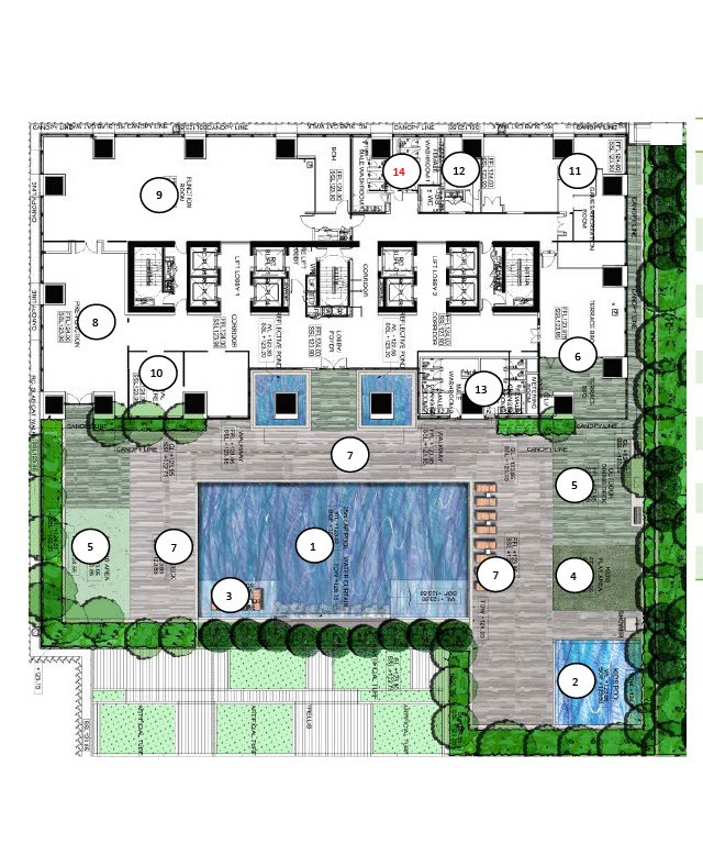 Royal Suites facilities floor plan with numbered markers 1 to 14 for lap pool, decks, outdoor terrace and indoor facilities