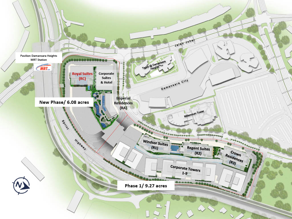 Pavilion Damansara Heights site masterplan highlighting the Royal Suites (RC) plot, Pavilion Damansara Heights MRT Station marker, and Phase 1 / New Phase layout